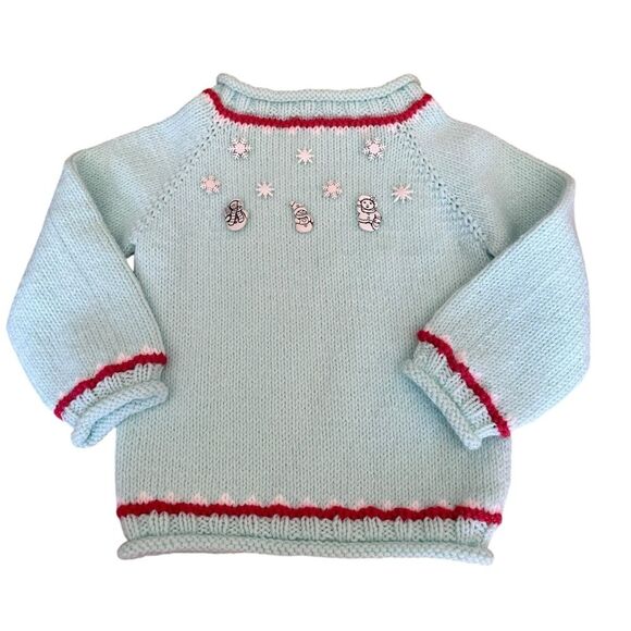 Handmade Knit Christmas Winter Sweater Snowflakes and Snowmen Charms Light Blue - Picture 1 of 10